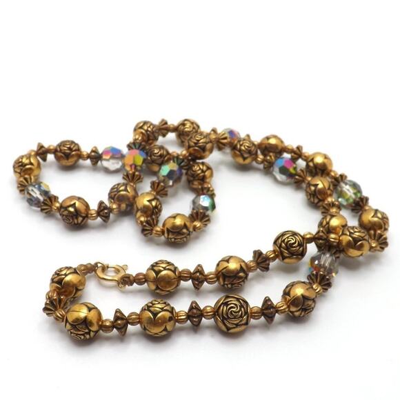 Vintage Aurora Borealis Crystals Rose Bead Necklace, 22 Inch, Spring Ring Clasp - Picture 8 of 11